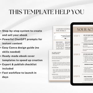 May include: A digital marketing template with the text "THIS TEMPLATE HELP YOU" at the top. The template includes a step-by-step system to create and sell an ebook, ChatGPT prompts, and a Canva design guide. A tablet displays a "YOUR ACTION PLAN" guide.