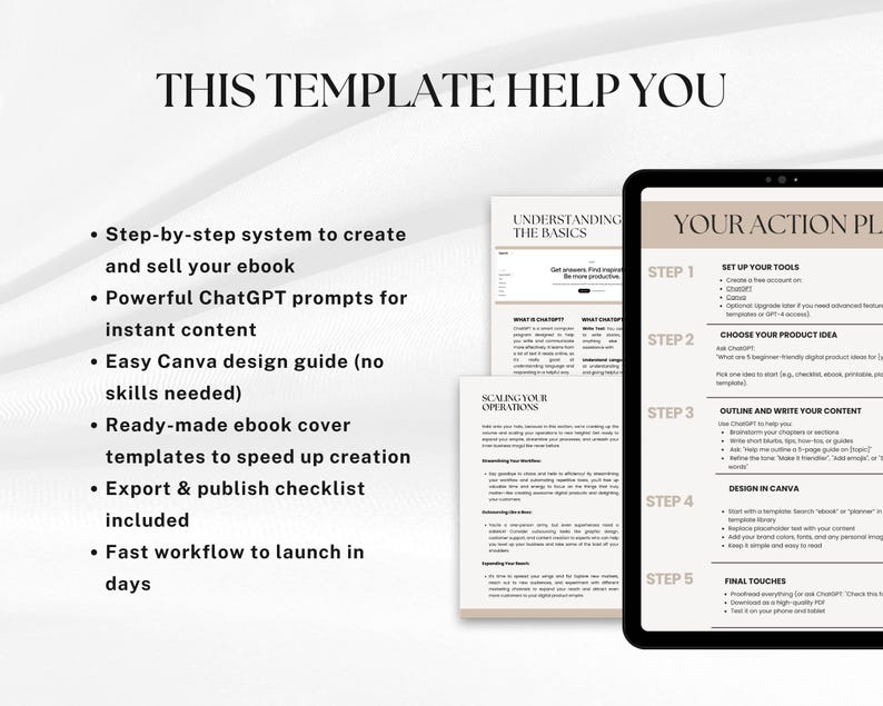 May include: A digital marketing template with the text "THIS TEMPLATE HELP YOU" at the top. The template includes a step-by-step system to create and sell an ebook, ChatGPT prompts, and a Canva design guide. A tablet displays a "YOUR ACTION PLAN" guide.