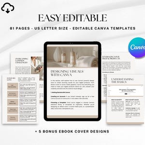 May include: A digital product template displayed on a tablet, with the text "EASY EDITABLE" and "81 PAGES - US LETTER SIZE - EDITABLE CANVA TEMPLATES." The design includes pages with text and images, and a Canva logo.