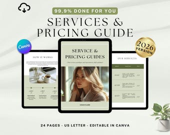 May include: Digital service and pricing guide displayed on three tablets. The central tablet features a woman's image and the text "SERVICE & PRICING GUIDES". The guide is labeled "2026 VERSION" and is editable in Canva.
