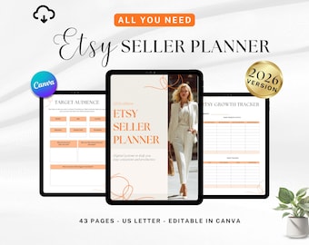 Pode incluir: Planejador digital Etsy Seller exibido em três tablets. O tablet central mostra a capa do planejador com o texto "Etsy Seller Planner". Os outros tablets exibem páginas para o público-alvo e rastreamento de crescimento. O texto "All You Need" e "2026 Version".