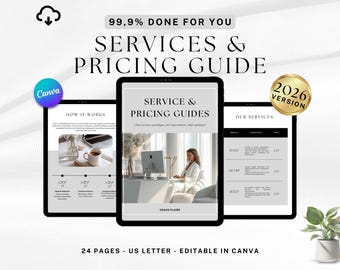 May include: A digital services and pricing guide displayed on three tablets. The central tablet shows a woman at a desk, with the text "SERVICE & PRICING GUIDES". The guide is 24 pages, US Letter size, and editable in Canva.