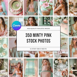 Puede incluir: Una colección digital de 350 fotos de stock en tonos rosa menta que muestra diversas escenas de estilo de vida, incluyendo retratos, cupcakes, decoración de interiores y vistas costeras, con el texto 350 MINTY PINK STOCK PHOTOS.