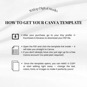 May include: A white graphic with the text "HOW TO GET YOUR CANVA TEMPLATE" and instructions for downloading a PDF file from Etsy. The image includes icons and bullet points for clarity. The Witlop Digital Studio logo is at the top.