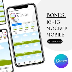 May include: A digital mockup of an Instagram profile displayed on three smartphones. The profile features a circular profile picture, username, follower count, and a grid of image thumbnails. Text on the image reads "BONUS: 10 - IG MOCKUP MOBILE" and "Canva."