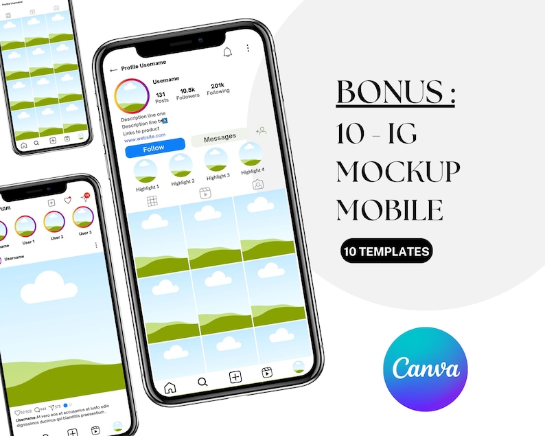 May include: A digital mockup of an Instagram profile displayed on three smartphones. The profile features a circular profile picture, username, follower count, and a grid of image thumbnails. Text on the image reads "BONUS: 10 - IG MOCKUP MOBILE" and "Canva."