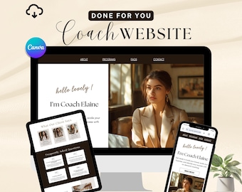 Pode incluir: Uma maquete digital de um design de site para um coach, exibida em um computador desktop, tablet e smartphone. O site apresenta o texto "Coach WEBSITE" e "hello lovely! I'm Coach Elaine". O design inclui seções para programas, perguntas frequentes e informações de contato.