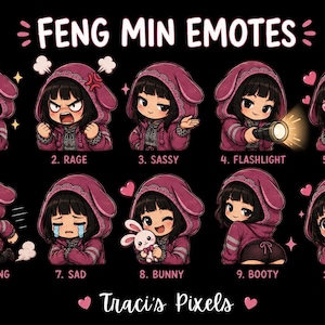 Può includere: Un set di illustrazioni digitali intitolato FENG MIN EMOTES di Traci's Pixels, che presenta dieci espressioni di personaggi in stile chibi con una giacca rosa con cappuccio. Le emote raffigurano varie azioni: happy, rage, sassy, flashlight, hearts, looping, sad, bunny, booty e cute.