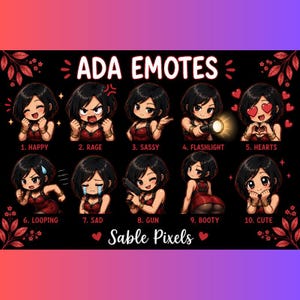 Może przedstawiać: Cyfrowy arkusz graficzny zatytułowany ADA EMOTES autorstwa Sable Pixels, przedstawiający dziesięć ilustracji postaci w stylu chibi w czerwonej sukience. Wyrażenia obejmują happy, rage, sassy, flashlight, hearts, looping, sad, gun, booty i cute na czarnym tle.