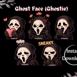 Pode incluir: Gráfico de download digital com cinco ilustrações diferentes de Ghost Face (Ghostie) com várias expressões. As imagens incluem um coração, um rosto zangado, um rosto surpreso, um rosto chorando e um rosto sorrateiro. O texto "Download instantâneo!" também está incluído.