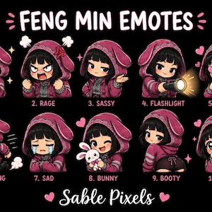 May include: A digital collection of ten Feng Min emotes on a black background, featuring a character with black hair in a pink bunny-eared hoodie. Each emote displays a different expression or action labeled 1 through 10, including happy, rage, sassy, flashlight, hearts, looping, sad, bunny, booty, and cute.