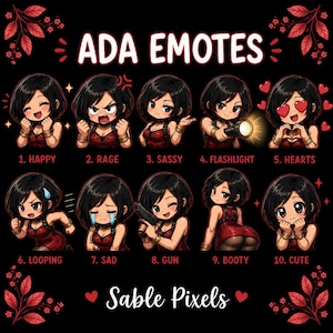 May include: A digital illustration set titled ADA EMOTES by Sable Pixels featuring ten chibi-style character expressions on a black background. The character has short black hair and wears a red dress, displaying emotions like happy, rage, sassy, flashlight, hearts, looping, sad, gun, booty, and cute.
