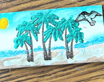 Fridge Magnet- tropical Palm Tree Stampbord Handmade Beach Art Coastal Ocean scene