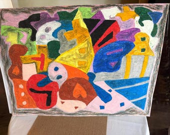 Originelle abstrakte Mixed-Media-Kunst, farbenfrohe geometrische Wandkunst, verspielte zeitgenössische Malerei