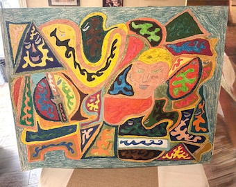Originelle abstrakte Mixed-Media-Kunst, farbenfrohe geometrische Wandkunst, verspielte zeitgenössische Malerei