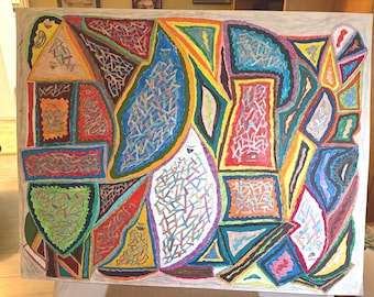 Originales abstraktes Gemälde in Mischtechnik, farbenfrohe geometrische Formen, verspielte zeitgenössische Kunst