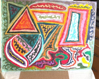 Original Abstract Mixed Media Art, Colorful Geometric Wall Artwork, Whimsical Contemporary Painting