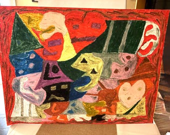 Originelle abstrakte Mixed-Media-Kunst, farbenfrohe geometrische Wandkunst, verspielte zeitgenössische Malerei