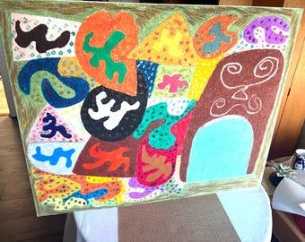 Originelle abstrakte Mixed-Media-Kunst, farbenfrohe geometrische Wandkunst, skurrile zeitgenössische Malerei