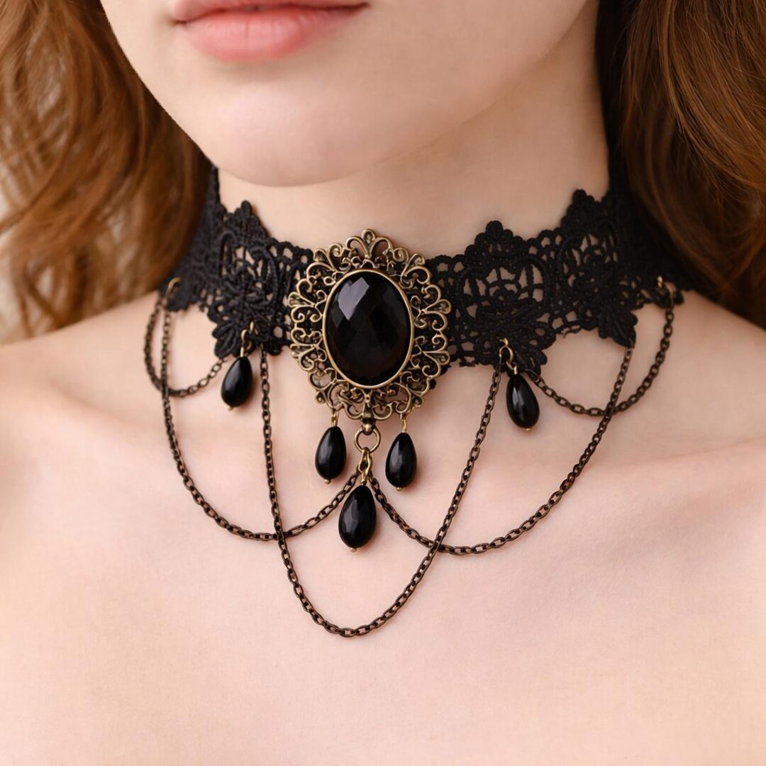 Gothic Lace Choker Necklace With Crystal Pendant, Vintage Victorian ...