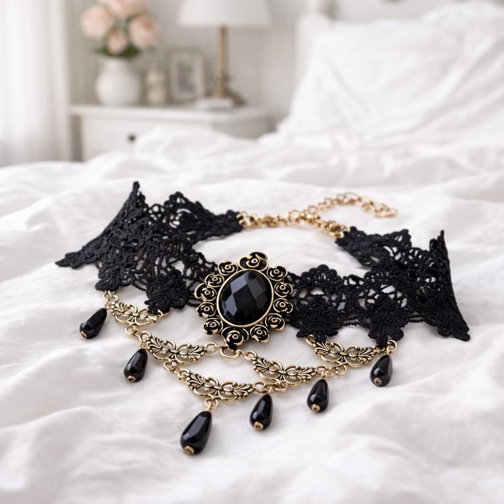 Gothic Lace Choker Necklace With Crystal Pendant, Vintage Victorian ...