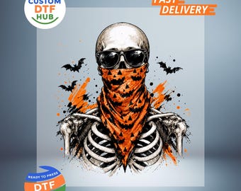 Halloween skelet bandana DTF transfer, griezelig seizoen, klaar om te persen, herfst schedel strijkapplicatie