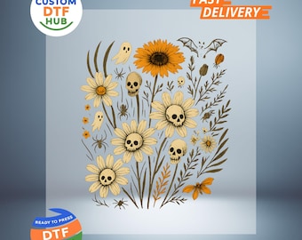 Transfer DTF z czaszką z dzikiego kwiatu, retro, upiorny sezon, gotowy do prasowania, kwiatowy, halloweenowy, do naprasowania