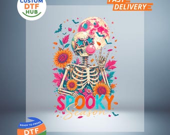 Spooky Season Skeleton DTF Transfer, Colorful Halloween Ready To Press, Retro Floral Moonlight Iron-On