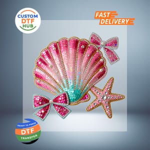 May include: A seashell, starfish, and two bows, all embellished with sequins and rhinestones. The seashell is pink and turquoise, with pearl accents. The starfish and bows are pink with gold trim. The image includes the text "Custom DTF Hub" and "Fast Delivery".