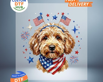 Patriotyczny pies DTF Transfer: amerykańska flaga Goldendoodle, gotowy do druku, naklejka do prasowania