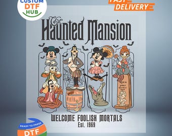 Haunted Mansion Mickey & Co DTF-overdracht: Halloweenfeest klaar om te drukken, opstrijkbare sticker