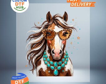 Glamoureuze zonnebril met paard DTF-transfer, Cowgirl met penseelstreken, klaar om te persen, Western dieren strijkapplicatie