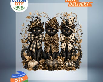 Halloween Zwarte Kat DTF Transfer, Heksenkatten Trio Klaar Om Te Persen, Spooky Season Strijkapplicatie