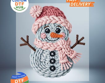 Faux Yarn Crochet Snowman DTF Transfer: Winter Iron On Decal, Holiday Heat Transfer