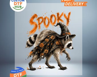 Straszny transfer DTF z szopem Jimothy, Halloweenowa panda śmieciowa gotowa do druku, kostium czarownicy do naprasowania