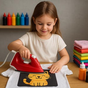 May include: A red iron is used to apply a graphic to a white t-shirt. The graphic is a smiling orange cat on a black background. Colorful bottles of paint and stacks of folded shirts are in the background.