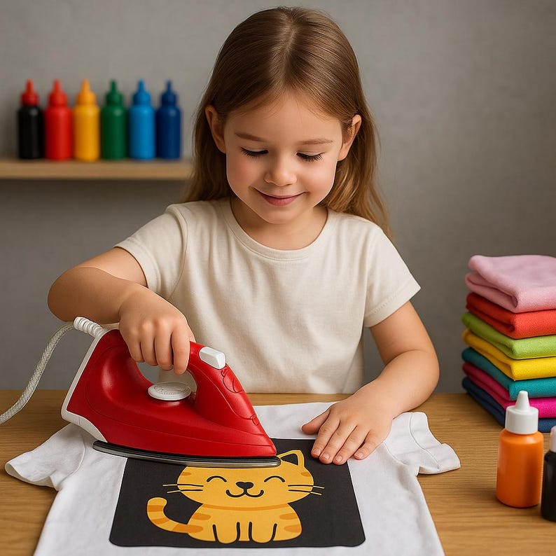 May include: A red iron is used to apply a graphic to a white t-shirt. The graphic is a smiling orange cat on a black background. Colorful bottles of paint and stacks of folded shirts are in the background.