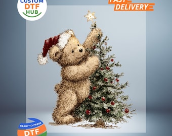 Weihnachtsbaum und Bär DTF Transfer: Vintage Weihnachten fertig zum Aufbügeln