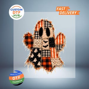 May include: A ghost-shaped fabric applique featuring a patchwork design of orange and black buffalo plaid, white and black gingham, black fabric with white ghost prints, black fabric with bat silhouettes, and cream-colored lace fabric.