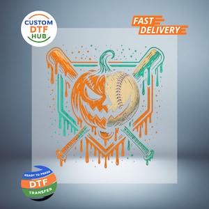 May include: A graphic DTF transfer design featuring a split pumpkin and baseball motif. The central image shows a jack-o'-lantern merged with a baseball, crossed by two baseball bats. The design includes orange and teal dripping paint effects.