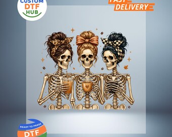 Fall Skeleton Coffee Crew DTF Transfer, Messy Bun Ready To Press, Leopard Halloween Iron-On