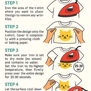 May include: Illustrated guide on how to apply DTF transfers to t-shirts. Steps include ironing the shirt, positioning the design, pressing with a dry iron for 25-30 seconds, and cooling for 2-3 minutes before peeling. Includes a cat design.