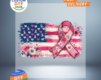 Borstkanker DTF-transfer, roze bloemenlint, klaar om te persen, Amerikaanse vlag ter bevordering van bewustwording.