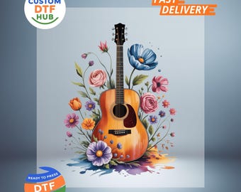 Floral Gitarre DTF Transfer: Vintage Acoustic bereit zum Pressen, Bügelbild