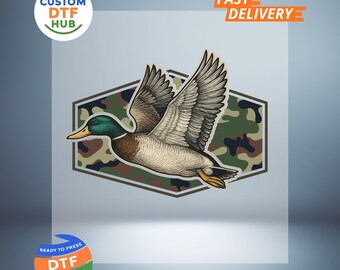 Camo Flying Mallard Duck DTF Transfer: Duck Ready to Press