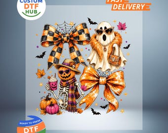 Coquette Bow Halloween Spook DTF Transfer, Herfst Skelet Klaar Om Te Persen, Spooky Seizoen Strijkapplicatie