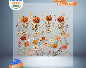 Halloween Dansend Skelet DTF Transfer, Wilde Bloemen Pompoen Klaar Om Te Persen, Spooky Season Strijkapplicatie