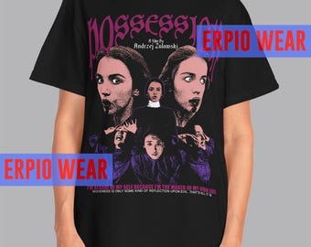 May include: Black t-shirt featuring a movie poster design for the film "Possession" by Andrzej Zulawski. The design includes images of the actors and the film's title in a stylized font. The shirt also has a quote from the film.