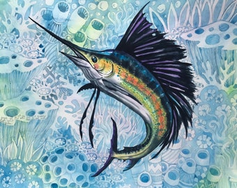 Sailfish, Atlantic Sailfish, fish, ocean, sea, art, painting, original, framed art, watercolor, wall art, home decor, wall decor
