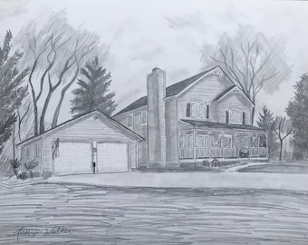 20x24, drawing of house, made to order, detailed, pencil drawing, from photo, home, barn